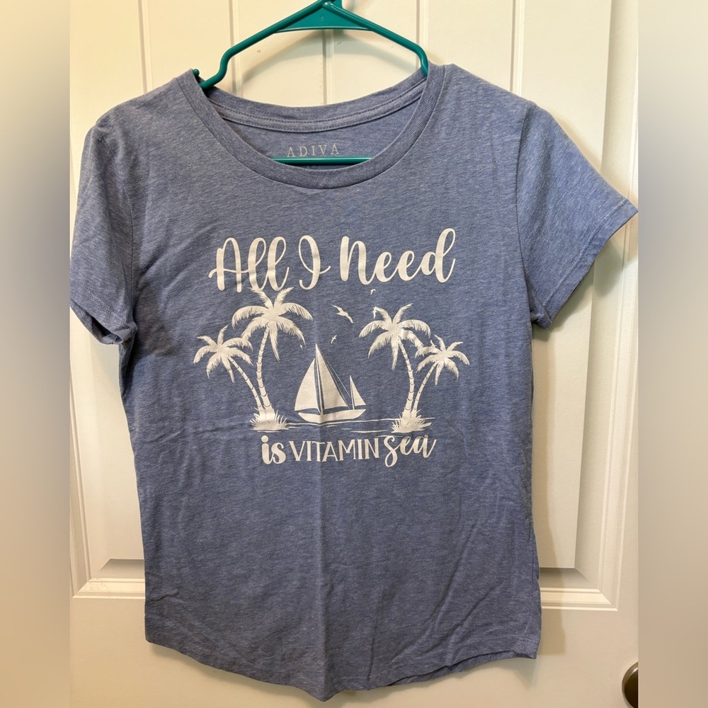 Adiva Heathered Blue Graphic Tee. Size Small. All I need is vitamin sea.